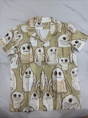 Boys 100% Linen Monster-Print Short Sleeve Button-Down Shirt